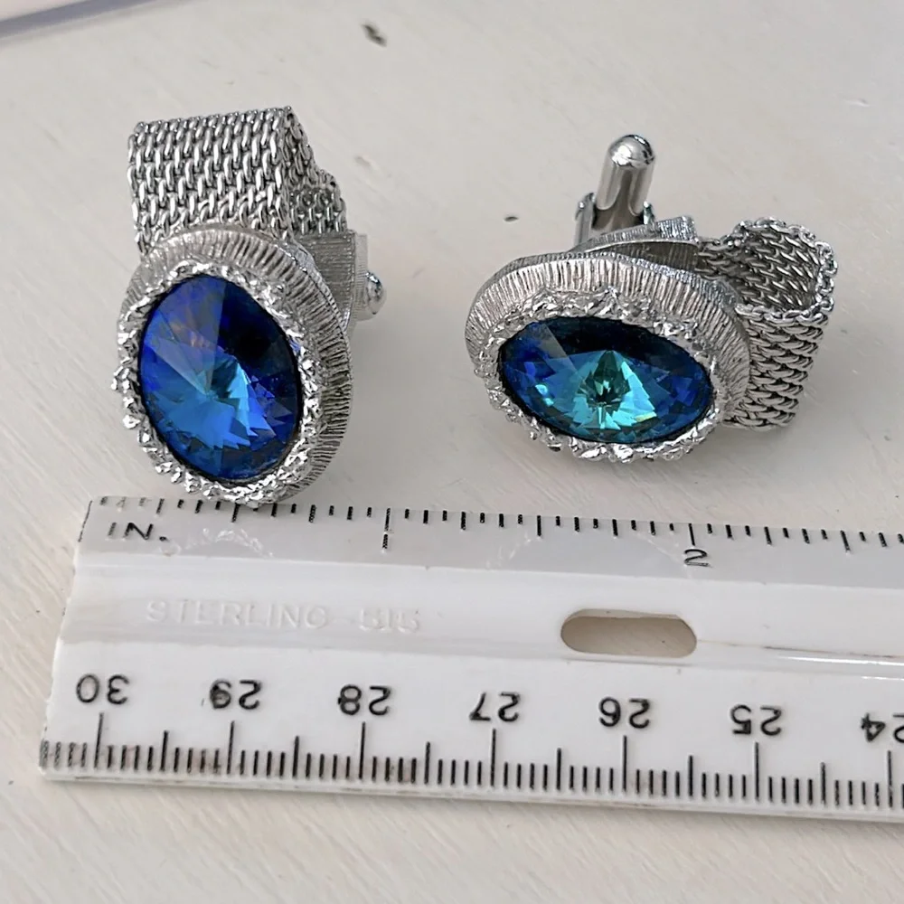 Swank Chain Mesh Blue Crystal Silver Tone Cufflinks-Mesh Chain Wrap- Formal